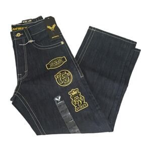 Vtg AVIREX Baggy Jeans 30x30 Dark Wash Embroidered Patches 75th Y2K Hip Hop
